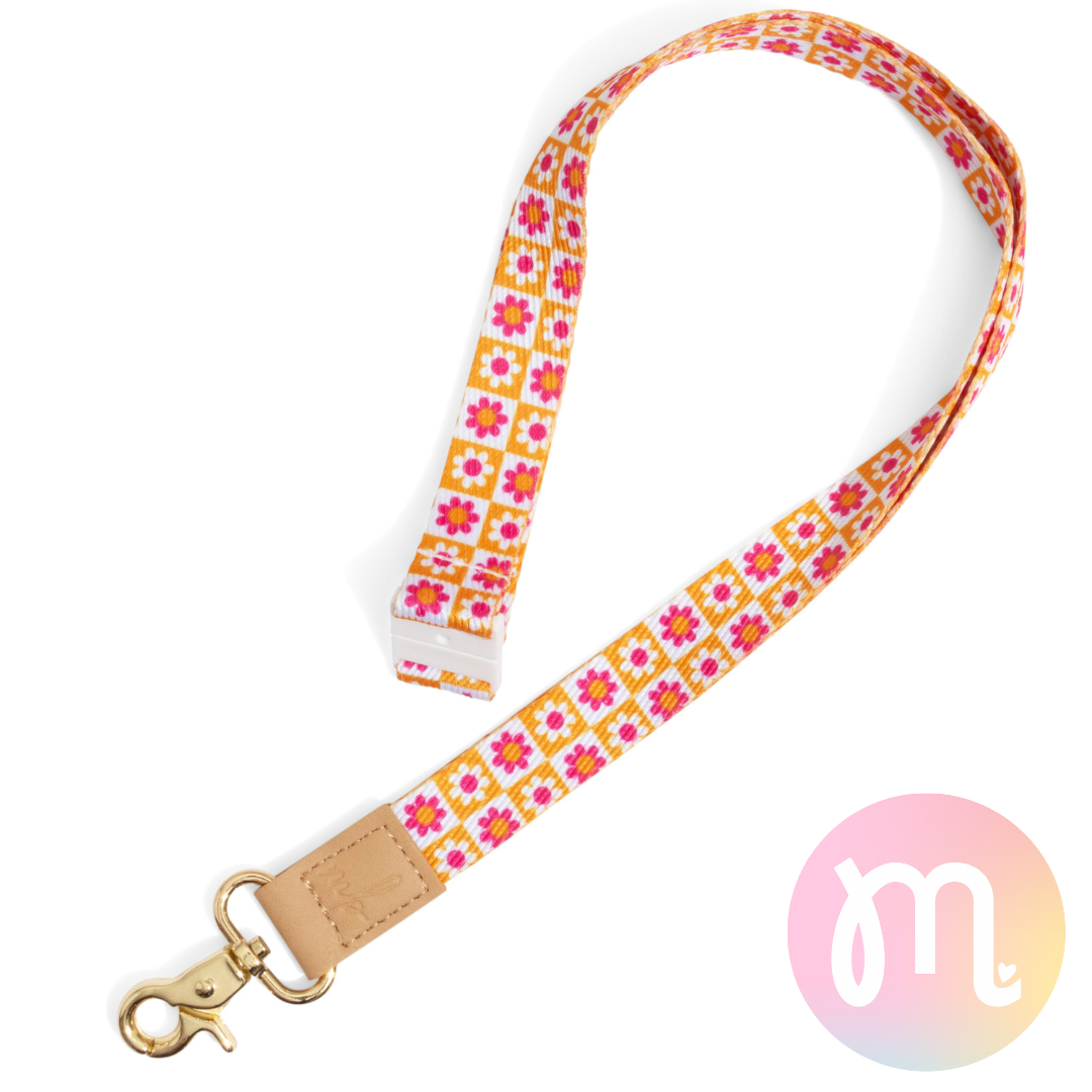 Pink Checker Floral Fabric Lanyard