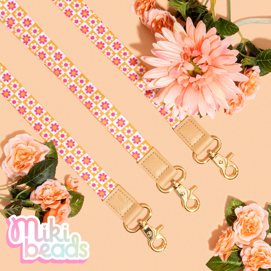 Pink Checker Floral Fabric Lanyard