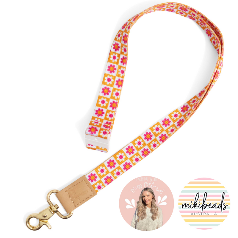 Pink Checker Floral Fabric Lanyard